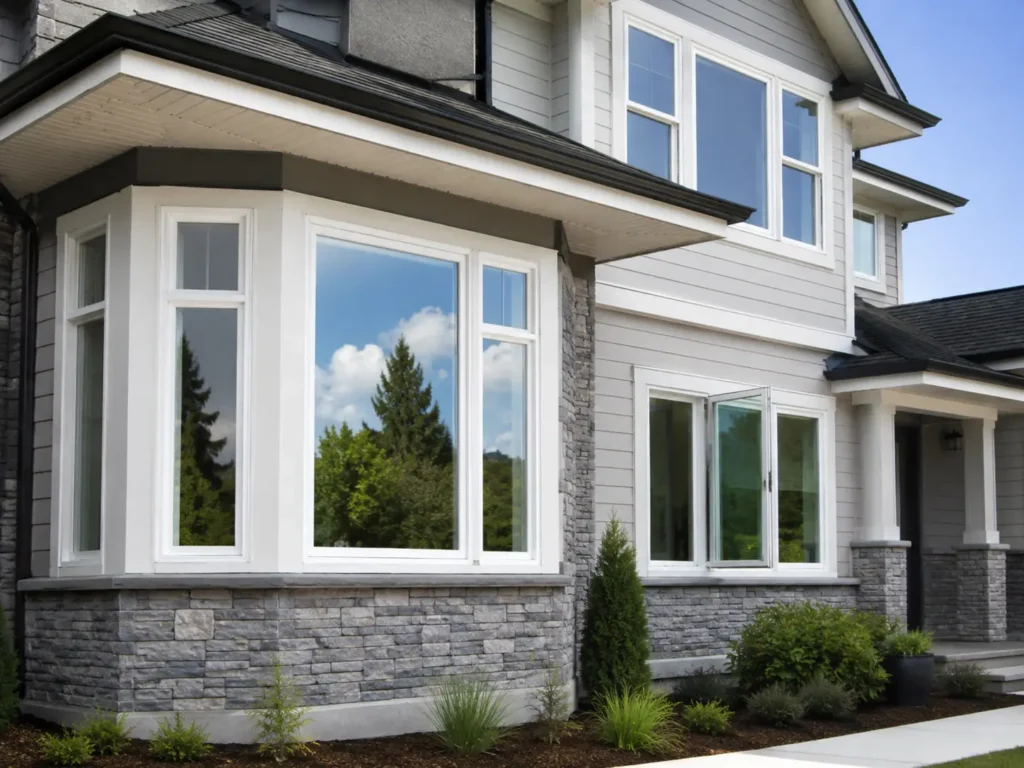 Premium white vinyl windows installed on a modern residential home exterior with clean siding and stone facade
