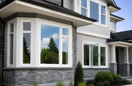 Premium white vinyl windows installed on a modern residential home exterior with clean siding and stone facade