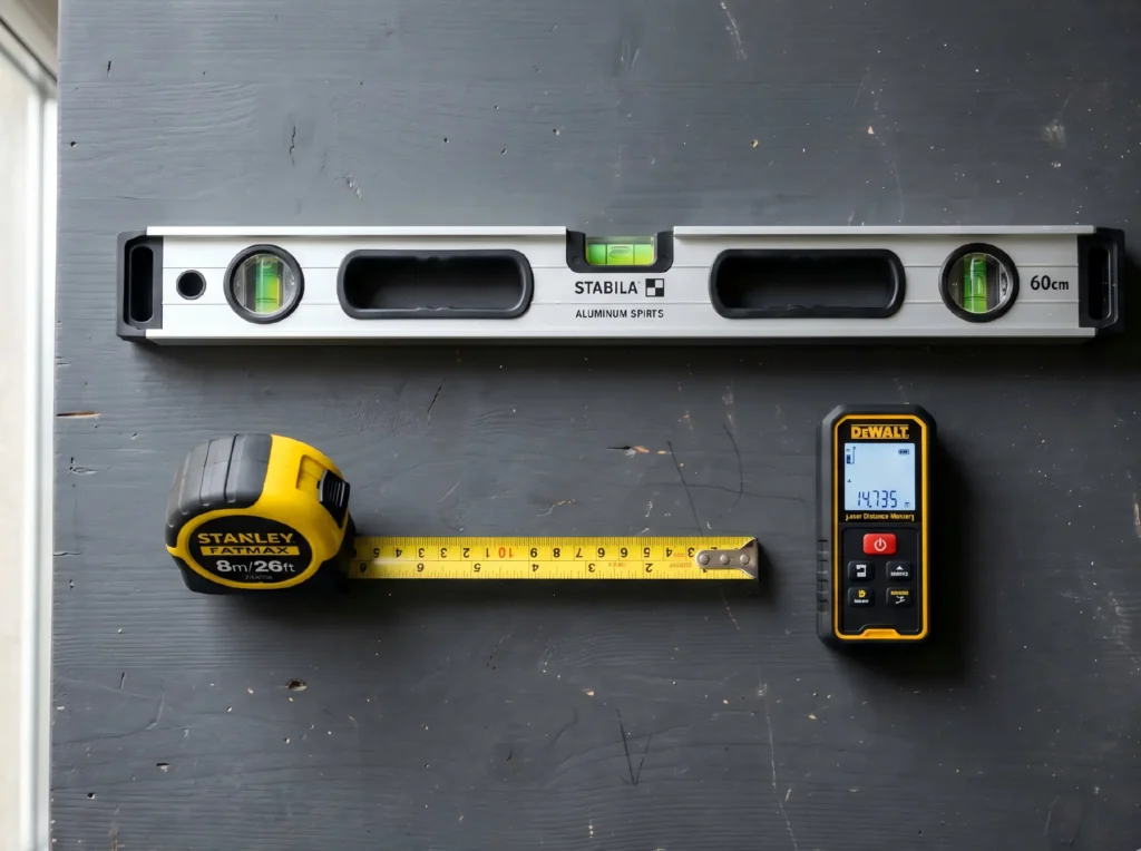 Essential tools for recording accurate replacement window dimensions, including a steel tape measure, spirit level, and digital laser measure.