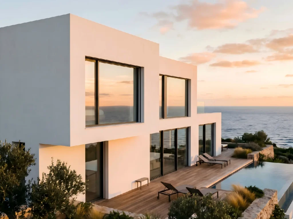 A minimalist multi-level luxury villa with expansive customized glass windows and sliding doors, overlooking an ocean sunset and pool.