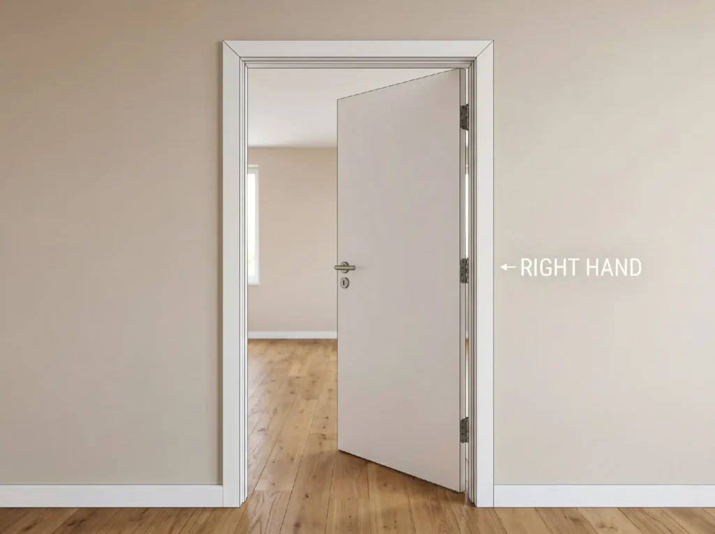 A white interior right hand door swinging inward, showing the right hand door configuration with hinges on the right side.