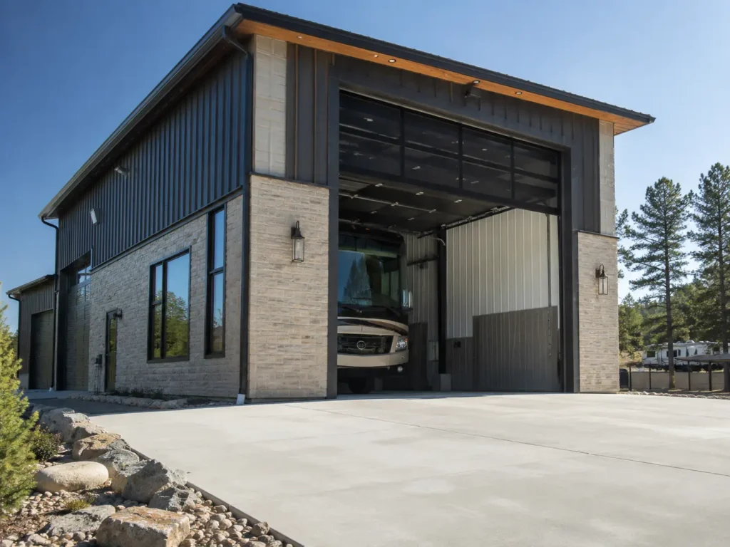 Large motorhome parked inside a custom garage highlighting oversized RV door dimensions and clearance.