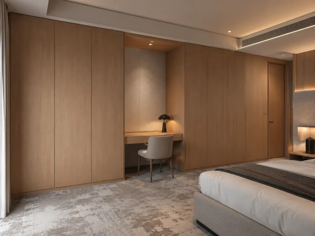 Seamless floor-to-ceiling wood veneer hinged closet doors with an integrated vanity desk in a modern luxury hotel bedroom.
