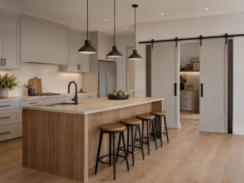 Interior grey sliding barn doors on a black track separating a pantry from a modern grey and wood kitchen with pendant lights.