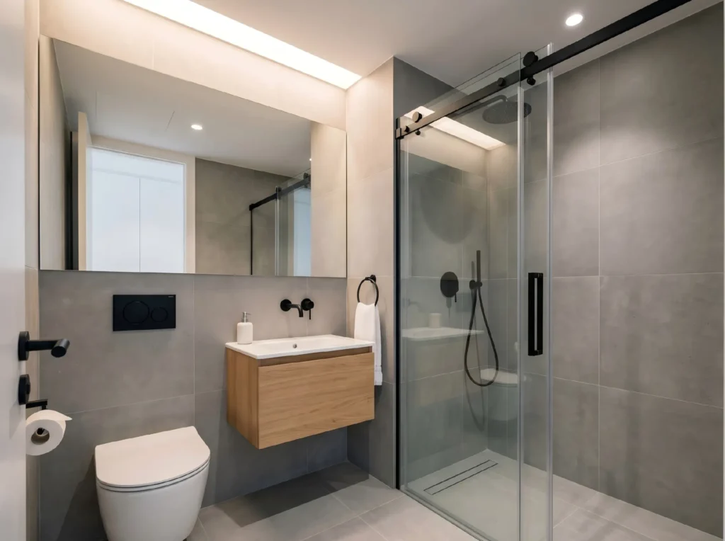 A modern sliding shower door made of frameless glass, sliding open with a smooth track system, in a sleek grey bathroom.