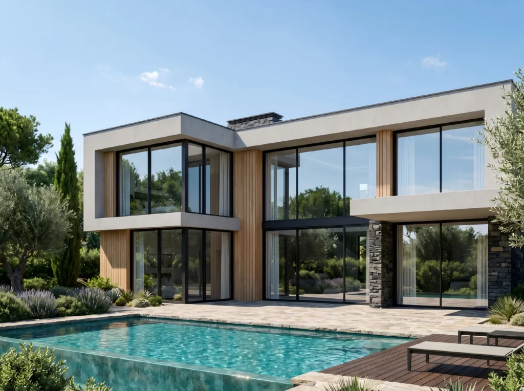 Expansive slim frame fiberglass windows and doors providing maximum visible glass area for a modern luxury villa solutions package by George Homes.