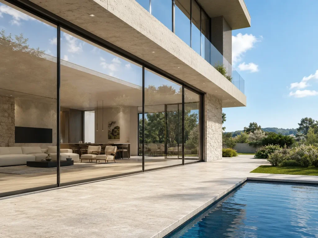Slim frame windows on a modern luxury villa exterior with floor-to-ceiling aluminum glass panels and seamless indoor-outdoor design