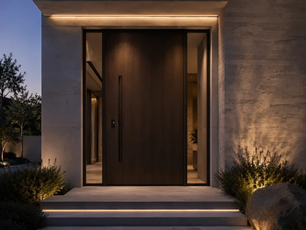 Smart minimalist entry door with recessed handle, biometric access panel, and warm LED lighting