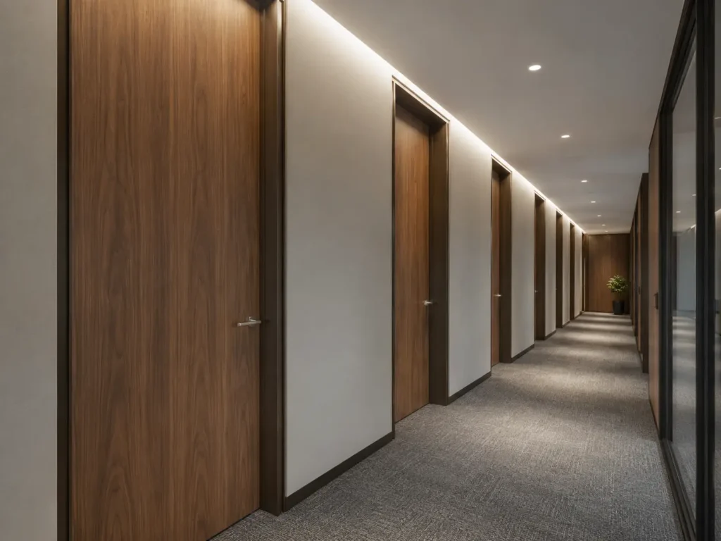 Row of durable solid core interior doors installed in a modern commercial office building corridor.
