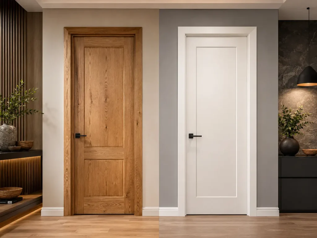 Side-by-side comparison of a natural solid wood door and a white painted solid core door.