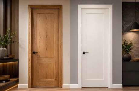 Side-by-side comparison of a natural solid wood door and a white painted solid core door.