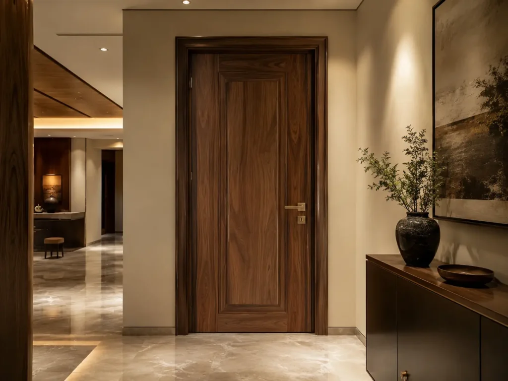 Luxury solid wood interior door with rich grain finish in a high-end villa hallway.