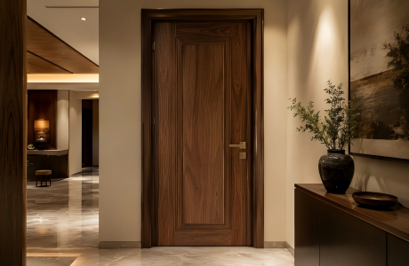 Luxury solid wood interior door with rich grain finish in a high-end villa hallway.