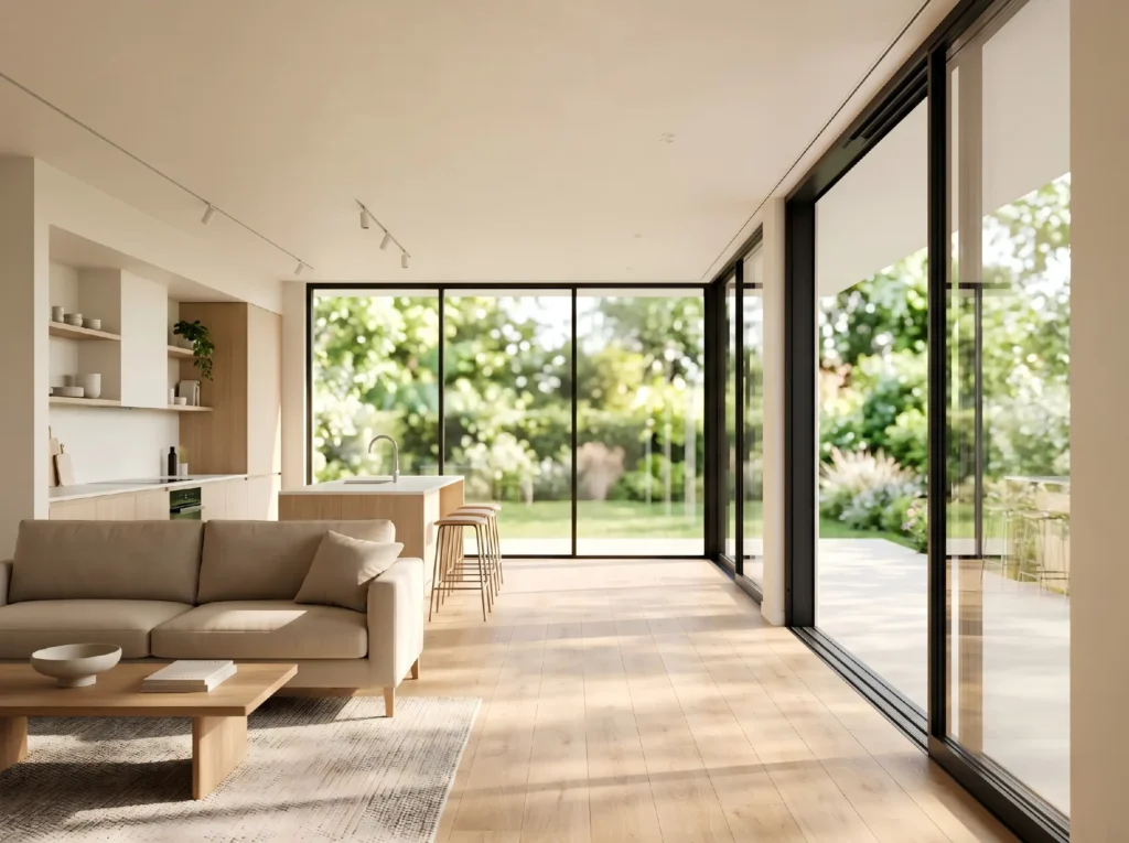 Modern interior living room and kitchen showcasing the space-saving functionality and natural light provided by sleek sliding window designs.
