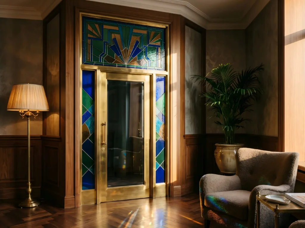 Custom stained glass transom windows and matching sidelights framing a luxury brass entry door in a classic high-end interior project.