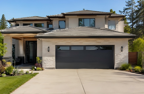 Luxury home exterior featuring a standard double garage door size with top panel windows.