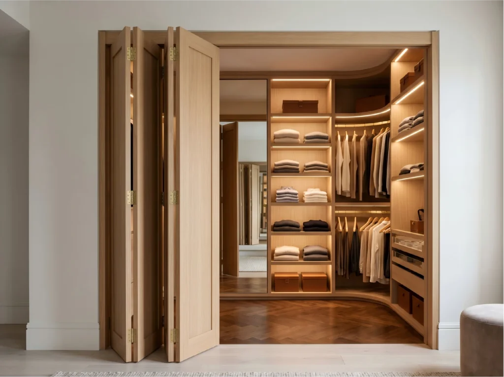Standard interior bi fold door sizes for a luxury walk-in closet and wardrobe custom design by George Homes.