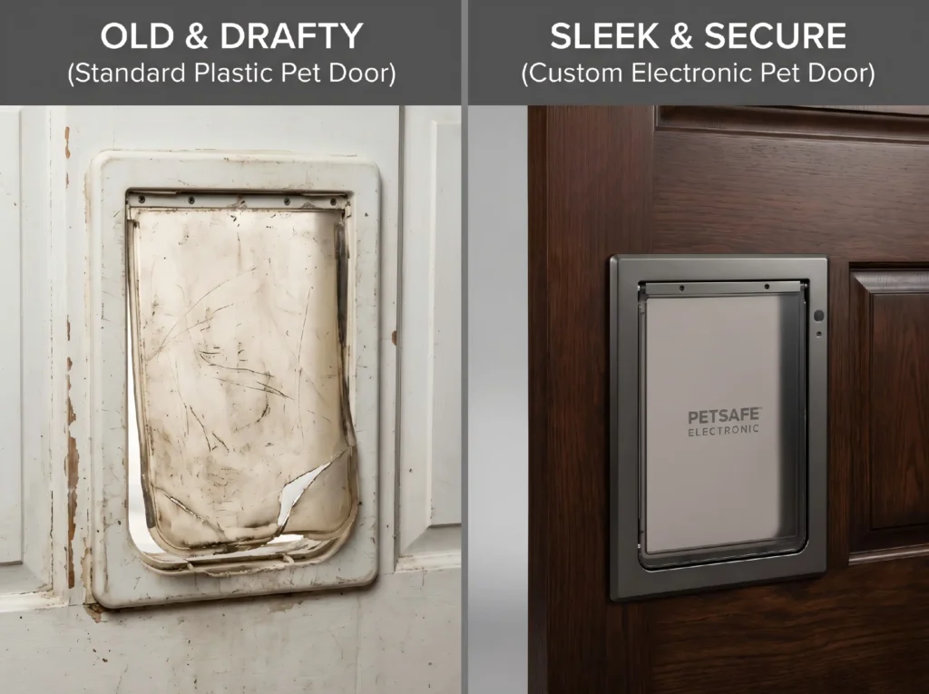 Side-by-side comparison of an old drafty plastic pet flap versus a secure custom electronic pet door seamlessly integrated into a premium wooden door.