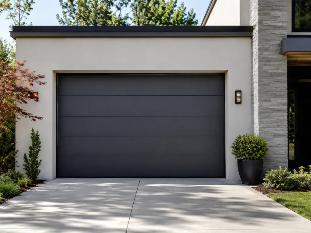 Modern dark grey single garage door illustrating standard 8x7 and 9x7 dimensions.