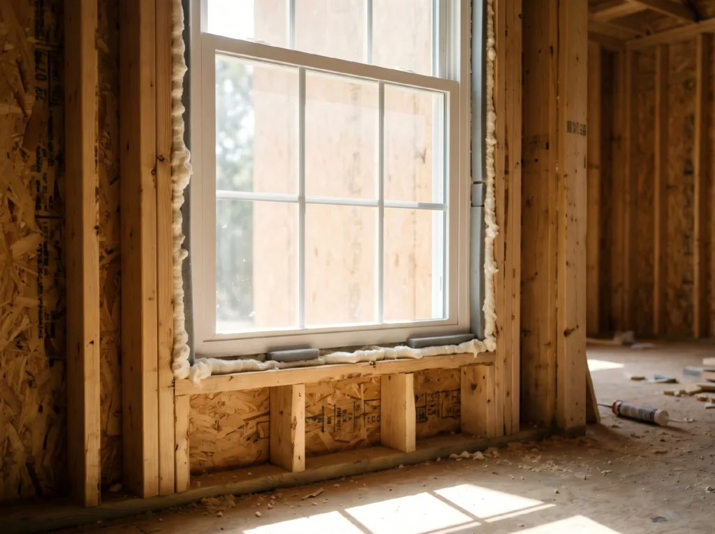 New double hung white vinyl window installed in a standard wood framing rough opening with expanding foam insulation.