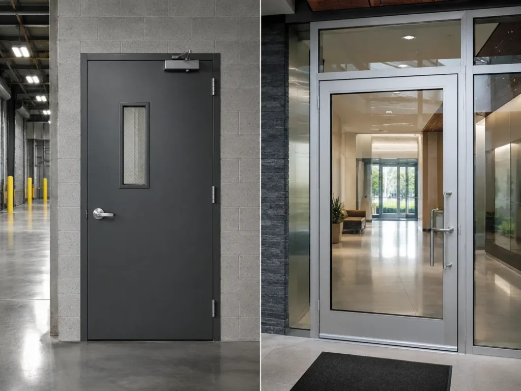Side by side comparison of a heavy duty steel industrial door and a modern aluminum glass commercial door