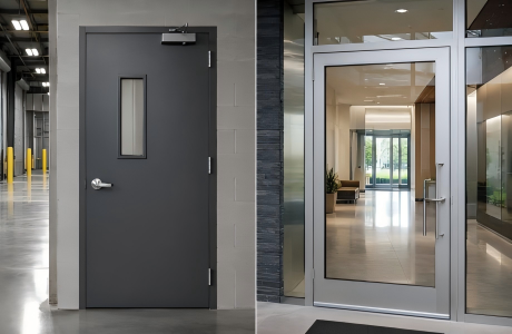 Side by side comparison of a heavy duty steel industrial door and a modern aluminum glass commercial door