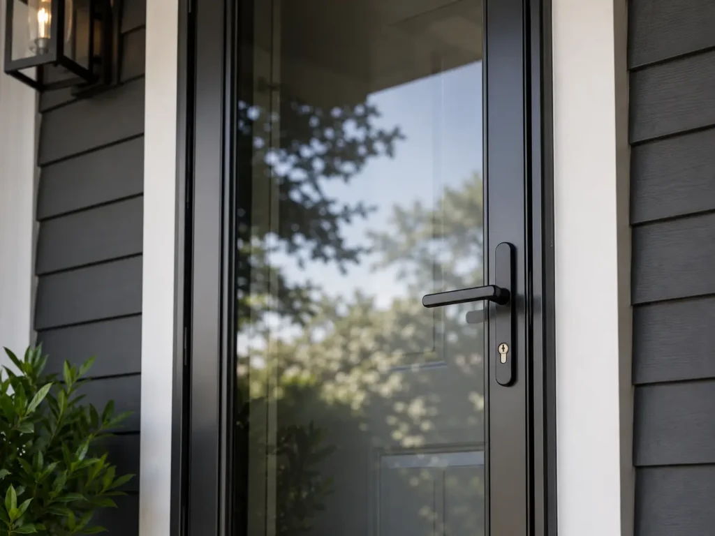 Close-up of a black storm door handle and locking hardware, demonstrating the necessary clearance needed between primary and storm doors.