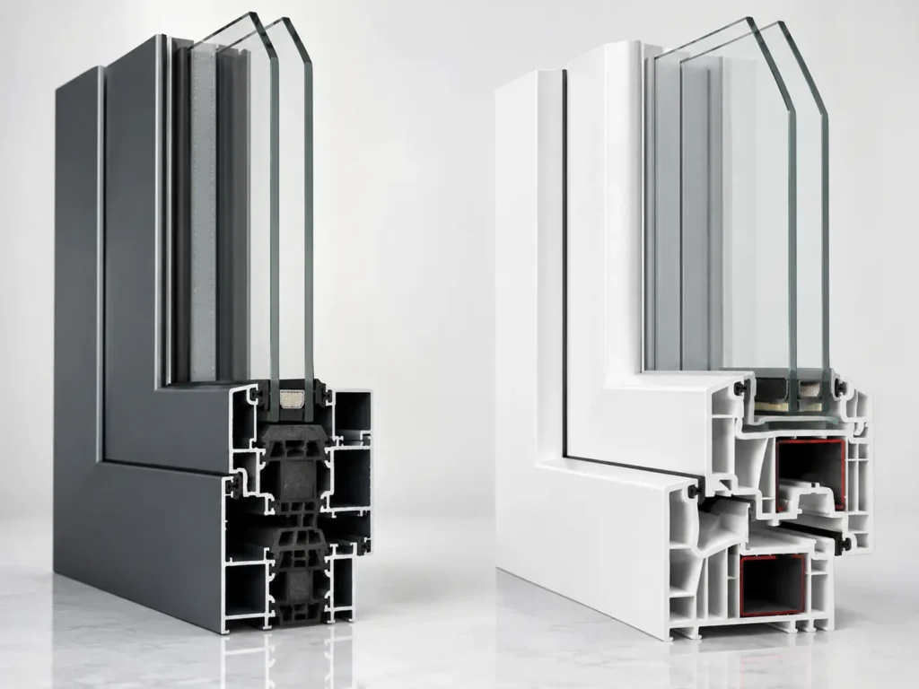 Side-by-side comparison of thermal break aluminum and uPVC window frame cross sections