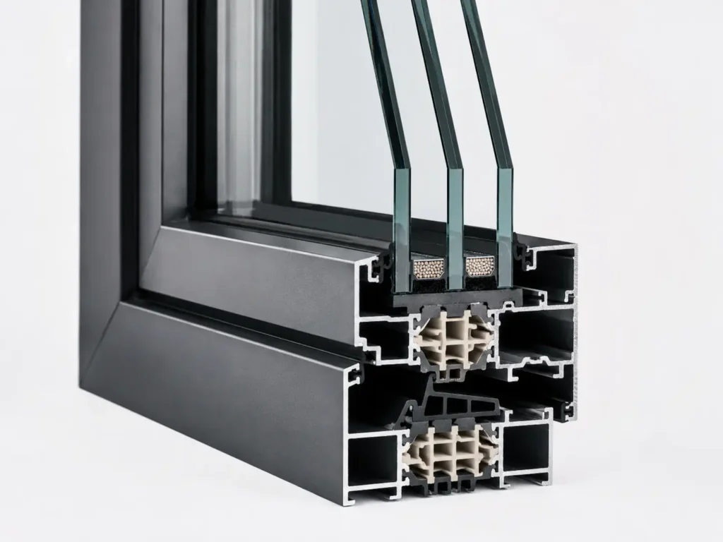 Thermal break aluminum window profile cross section with insulated glazing and polyamide barrier