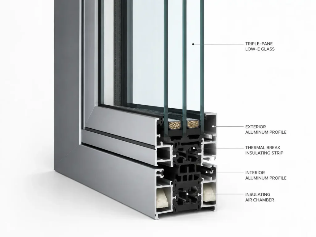 Technical cross-section of a thermal break aluminum window frame with triple-pane Low-E glass and insulating air chambers.