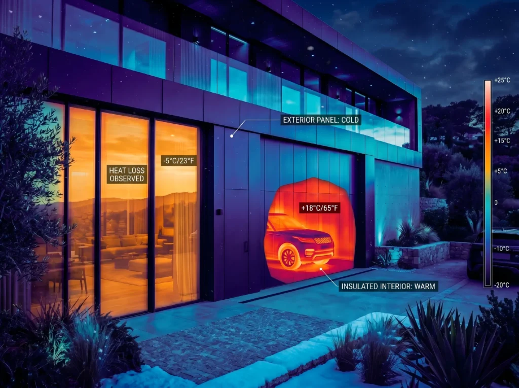 Thermal imaging analysis demonstrating superior heat retention and elimination of thermal bridging with high R-value insulated garage doors in luxury villas.