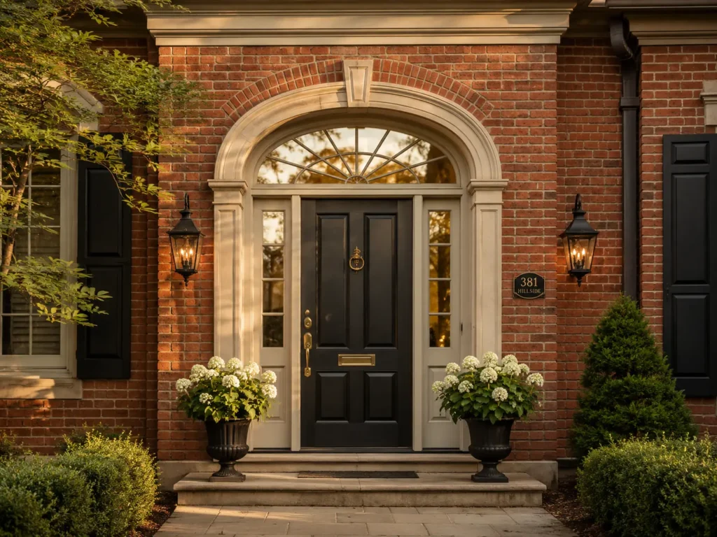 A classic black front door with an arched transom window and matching sidelights, complementing a traditional red brick residential facade.