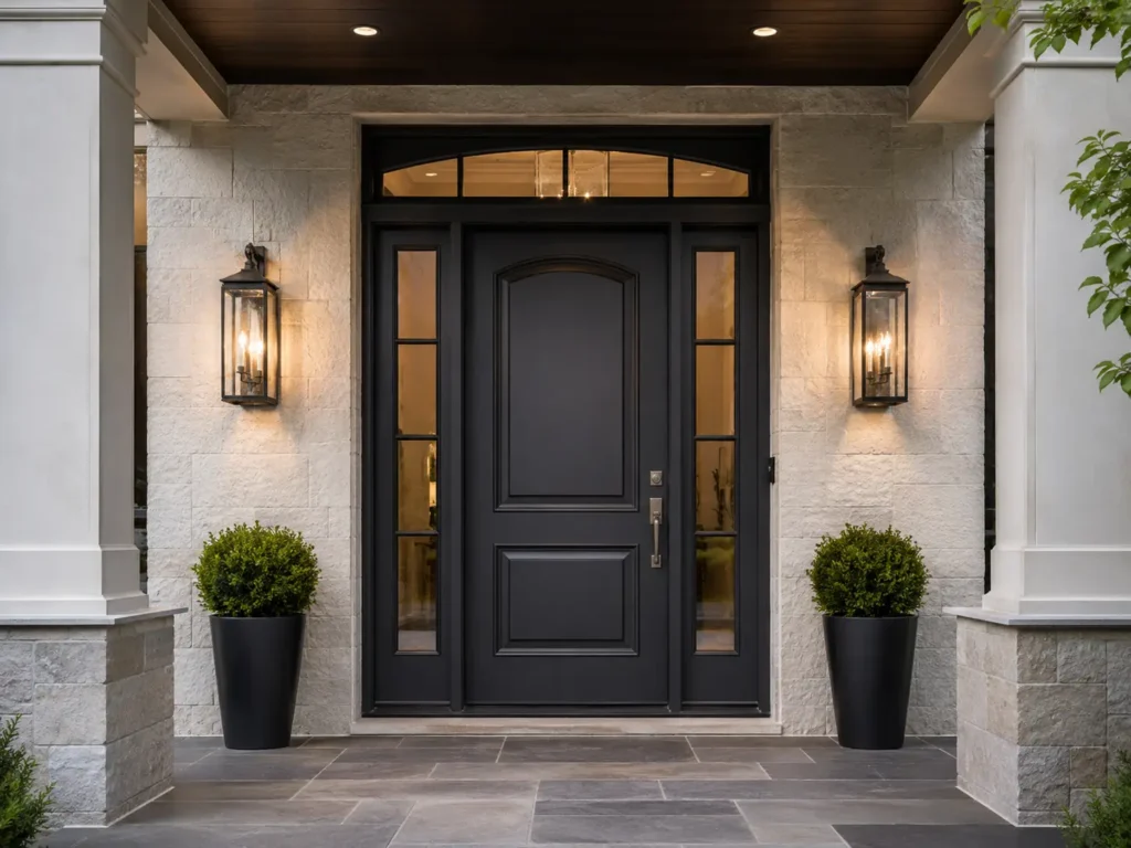 Traditional hinged front door with black framed sidelights, stone exterior wall, warm lantern lighting, and symmetrical luxury entrance design.