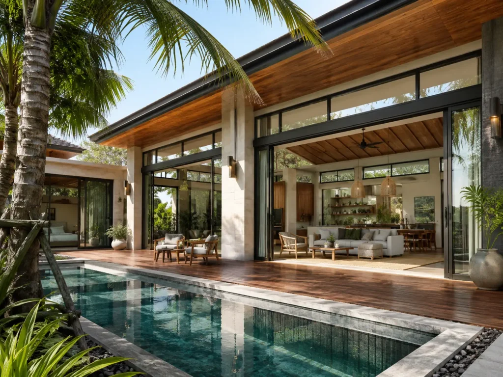 Tropical resort style villa with large aluminum sliding glass doors, pool terrace, and lush greenery