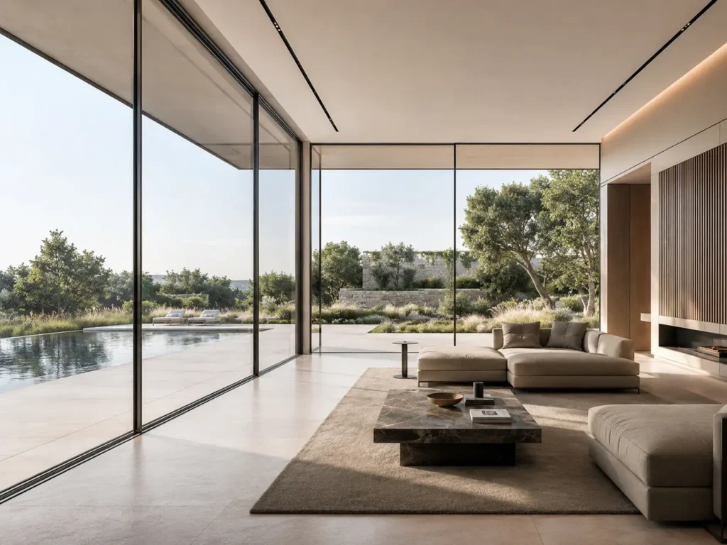 Ultra-slim floor-to-ceiling aluminum windows in a luxury modern living room with seamless indoor-outdoor garden views.