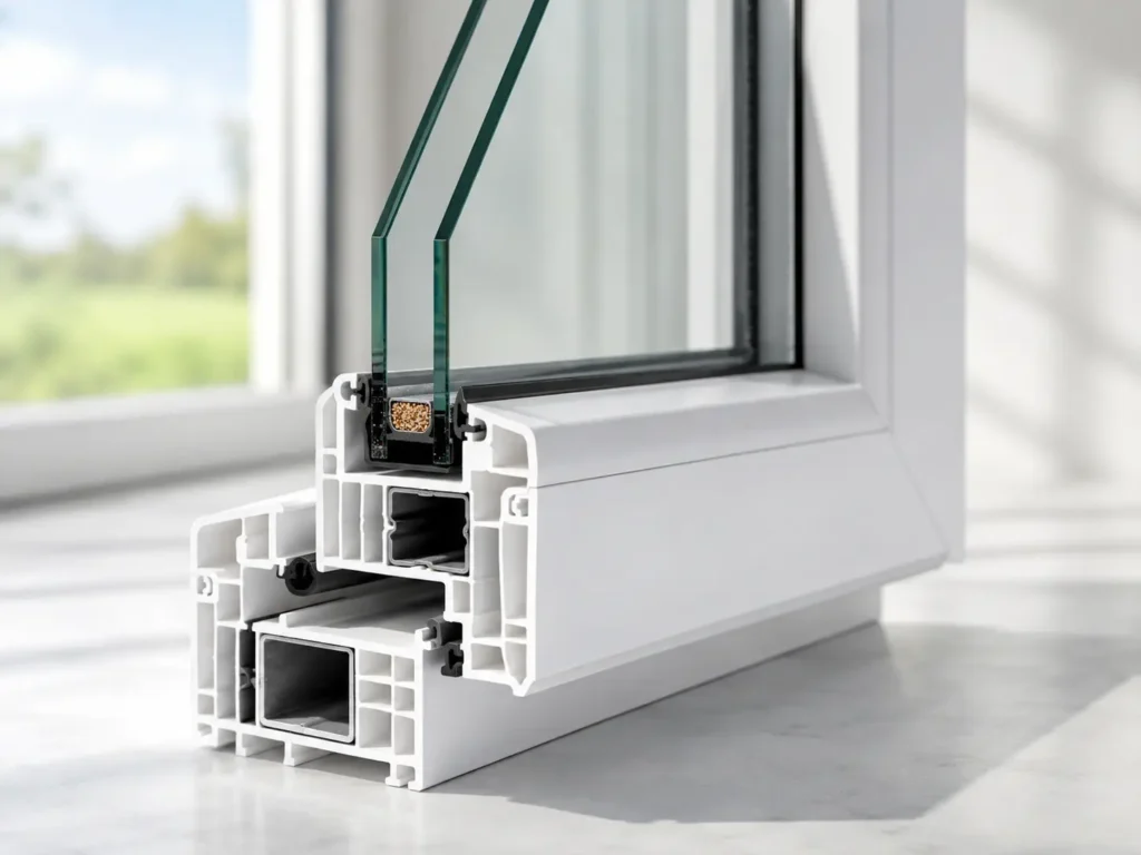 Close-up cross-section of a white uPVC vinyl window frame showing multi-chamber structure, double glazing, and weatherstripping