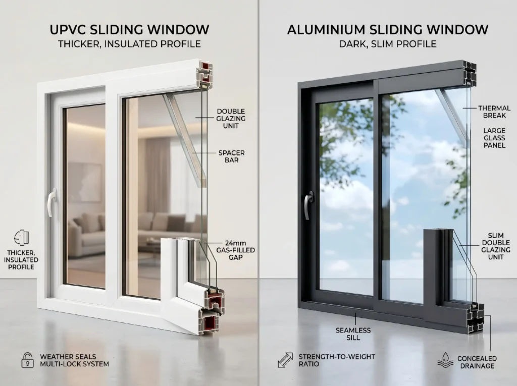 Technical cross-section comparison showing the structural differences between thick insulated UPVC sliding windows and slim profile aluminium sliding windows.
