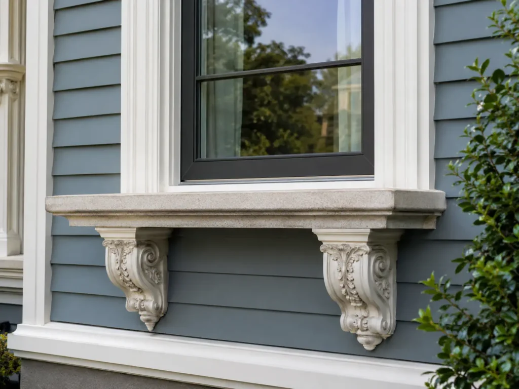 Victorian style exterior window sill with decorative stone ledge and ornate corbels on a classic house facade