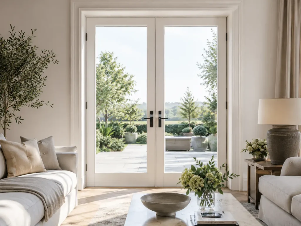 White double french doors exterior opening to a bright garden, highlighting large energy-efficient glass panels and elegant black handles from a living room interior.