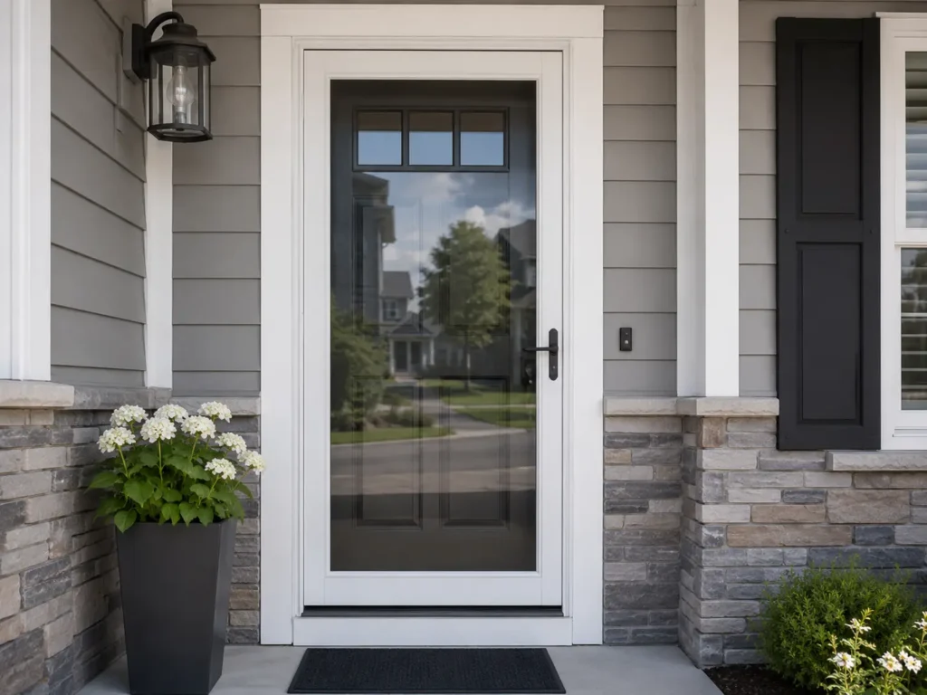 A full view of a white exterior storm door installed over a primary entry door, highlighting the exterior trim and mounting surface.