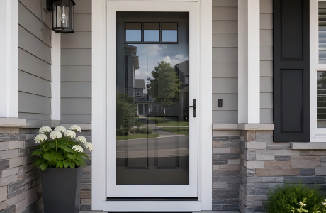 A full view of a white exterior storm door installed over a primary entry door, highlighting the exterior trim and mounting surface.