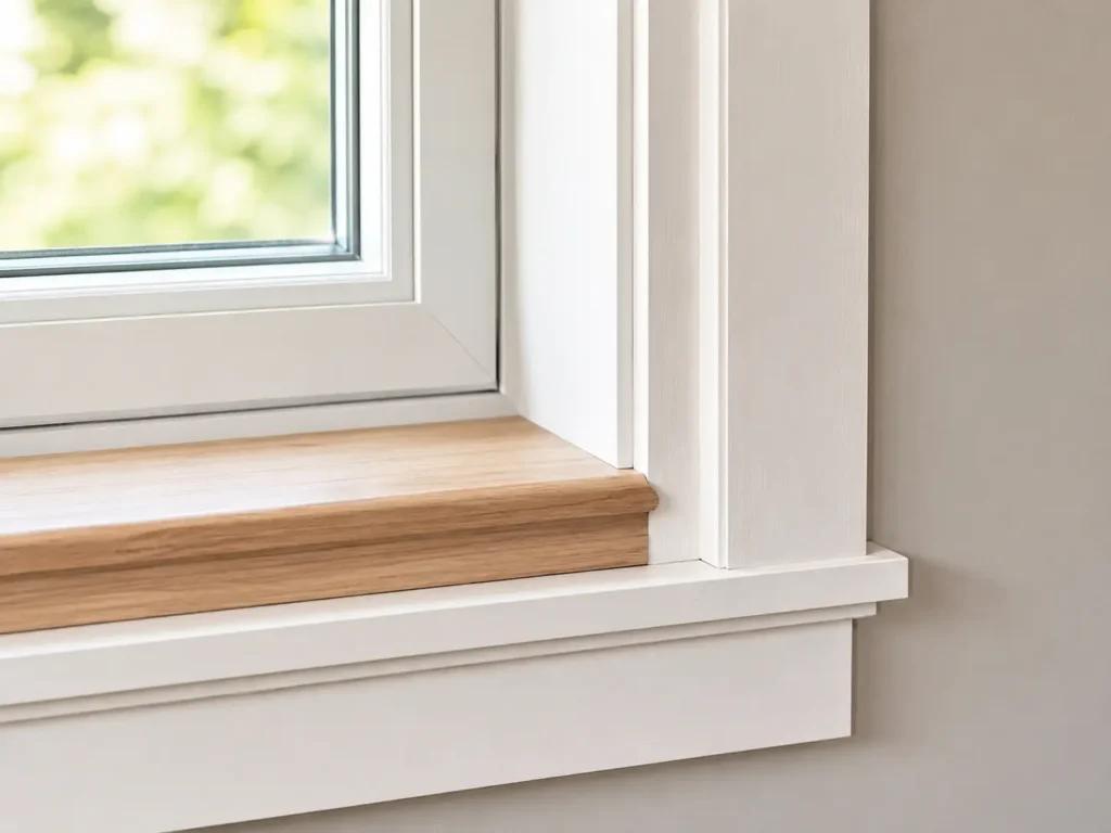 Close-up detail of white window sill trim with a natural wood sill and clean interior finishing