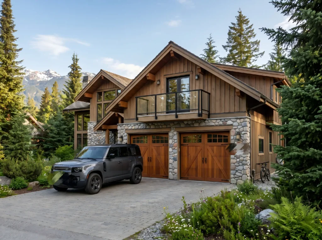 Custom wood-look insulated garage doors protecting a luxury mountain villa from cold climates.