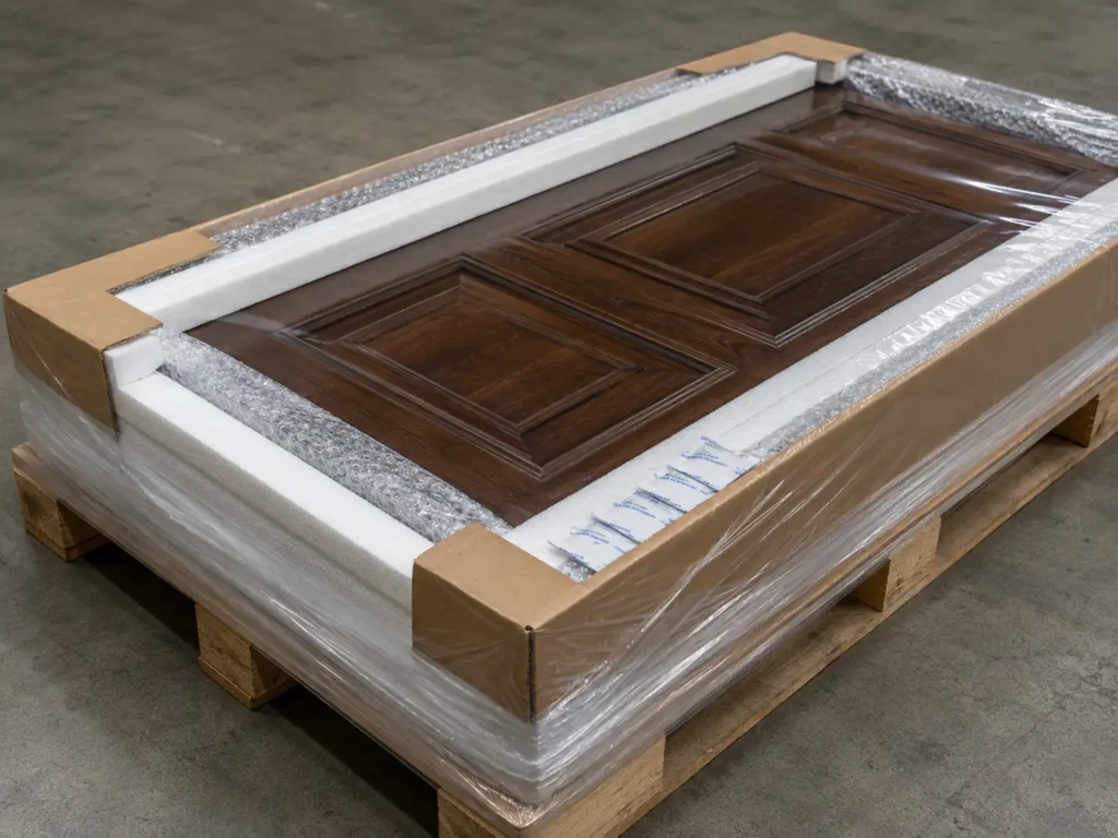 Close-up of a wooden door protected with foam, bubble wrap, edge guards, PE film, and desiccant packs for safe shipping.