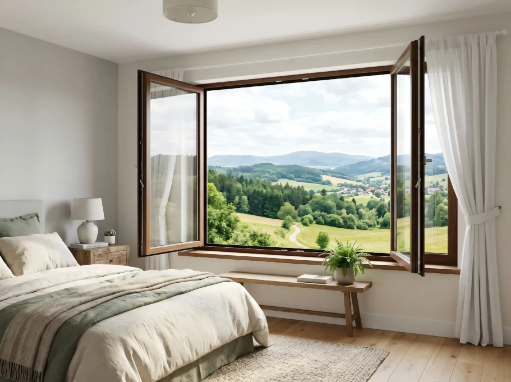 Large wooden egress casement window opening outward in a bedroom, demonstrating maximum clear opening area for IBC safety compliance and architectural appeal.