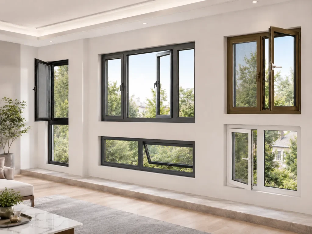 Aluminum casement window design options with different opening styles, custom sizes, and frame color finishes.