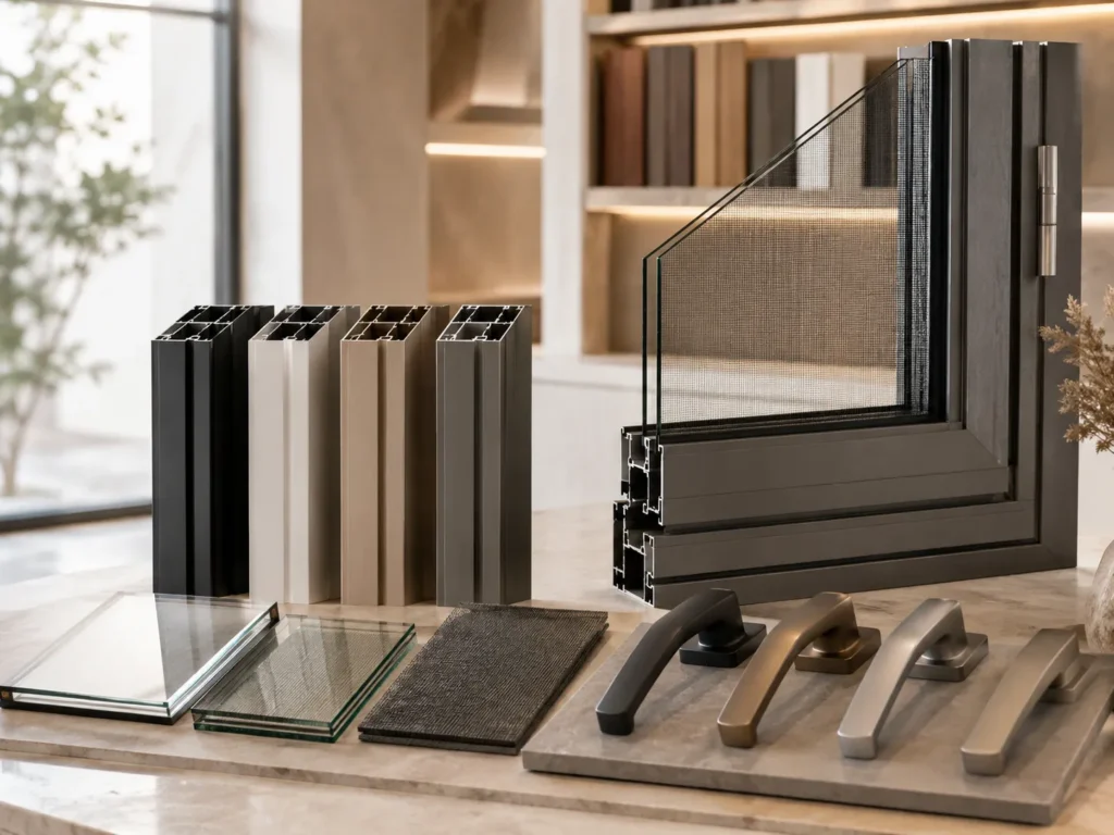 Aluminum casement window material options including frame colors, glass types, fly screen mesh, and handle finishes.