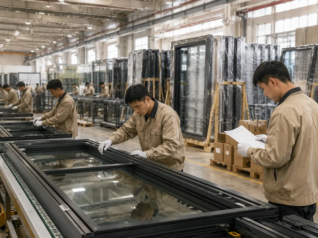 Factory workers checking custom aluminum window frames during production and quality inspection