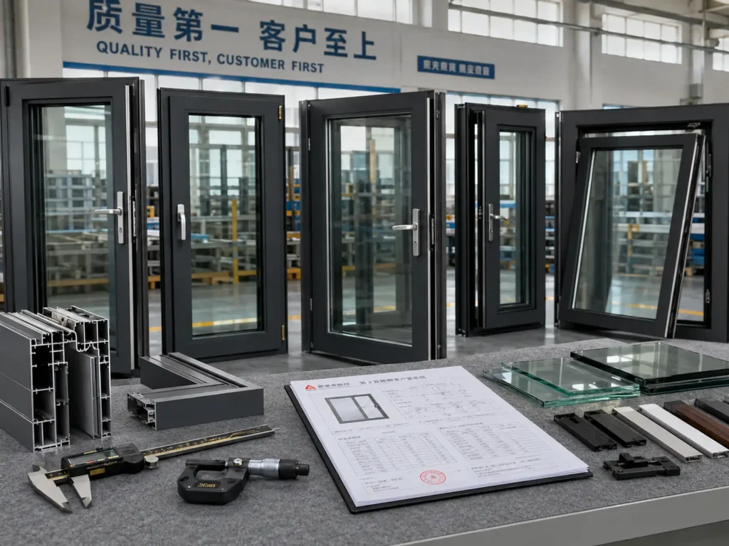Aluminum window manufacturer quality control area with frame samples, glass panels, and inspection tools