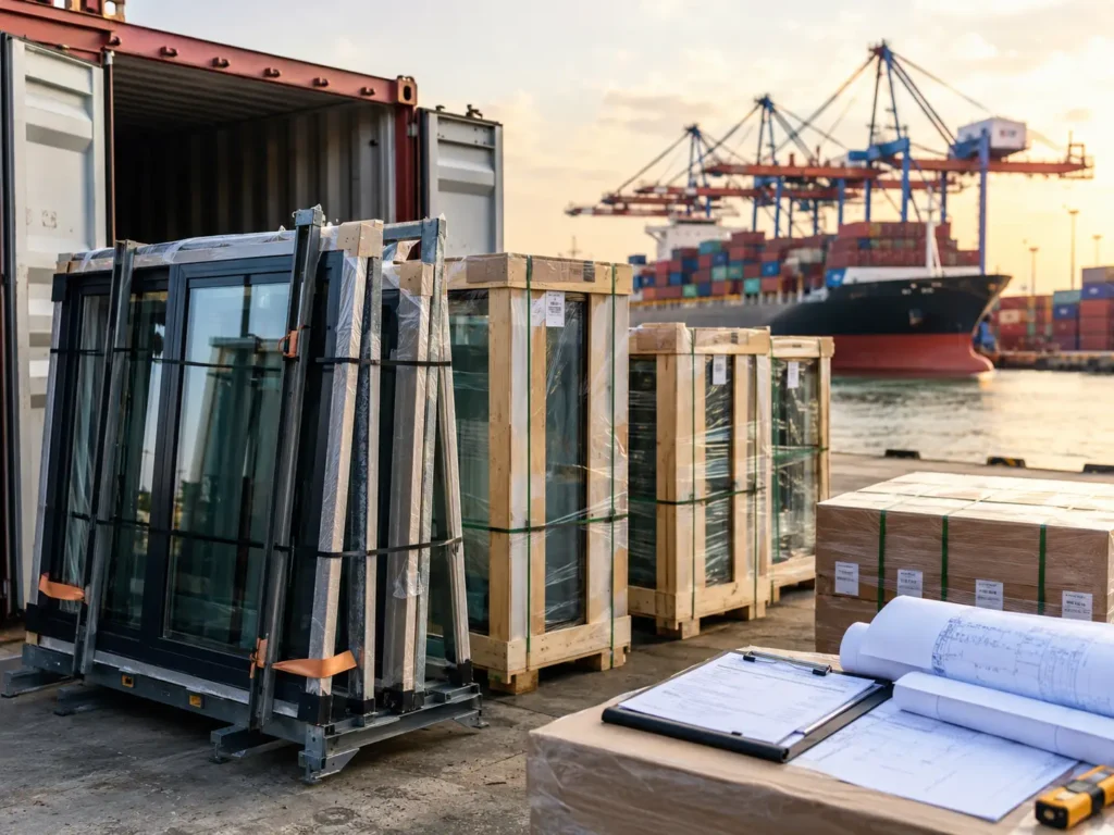 Custom aluminum windows packed in export crates near shipping containers for international delivery